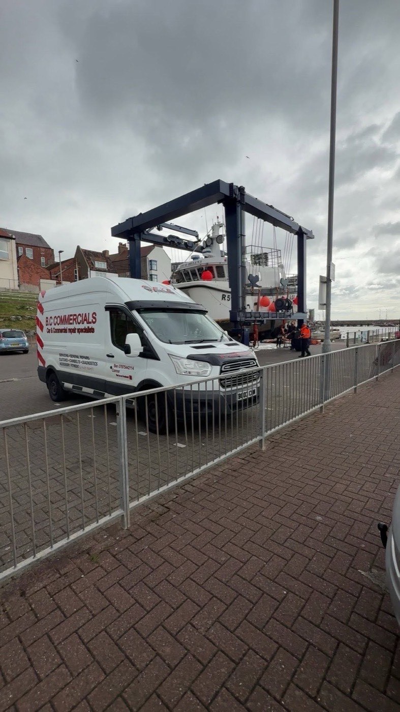 B.C Commercials van on a callout at a working harbour, showing the range of sites covered