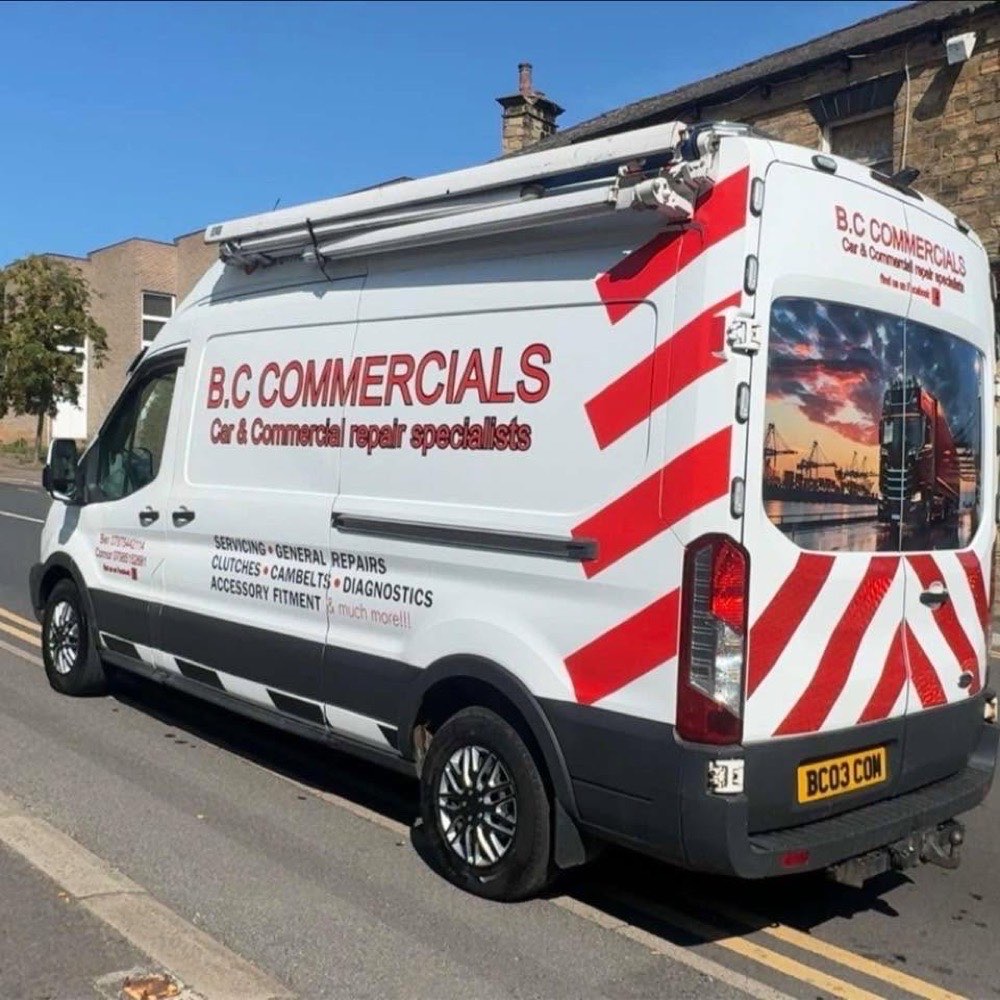 Rear and side view of the B.C Commercials Ford Transit showing the servicing, clutches, cambelts and diagnostics livery